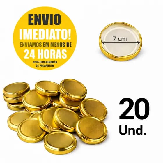 20 Tampas Douradas para Potes de Vidro de Conserva 74mm Twist Off Genéricas
