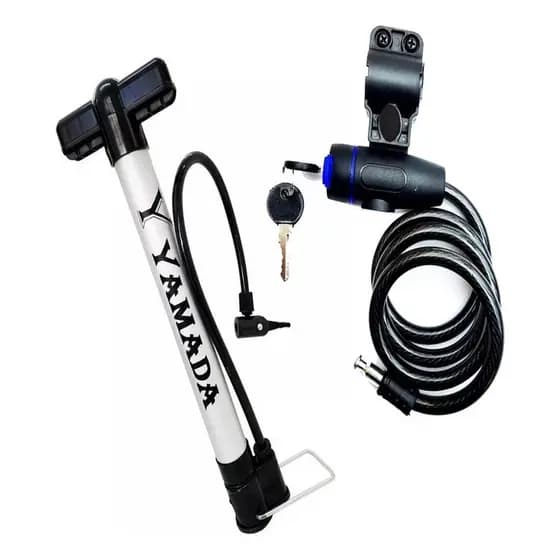 Bomba De Bike De Encher Pneu Aluminio 30cm Yamada + Trava Cabo De Aco Cadeado Seguranca Bike Moto Espiral 1,200mm