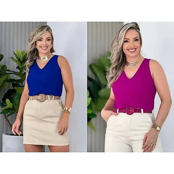 KIT Com 2 Blusa Feminina Social Regata Alça Larga Tecido Duna Tendência Regata 6001