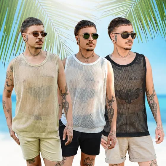 Regata Masculina Tricot Machão Camiseta Furadinha Verão Praia Arrastão