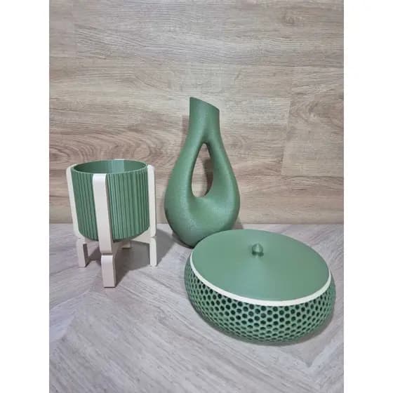 Kit Decorativo Verde Oliver Moderno – Vaso, Cachepot, Caixa Decorativa e Porta copo