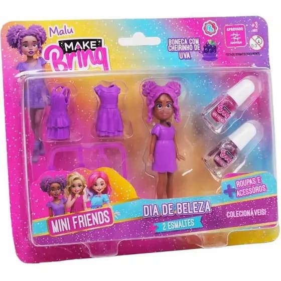 Kit Maquiagem Infantil Polibrinq Mini Friends 8 Peças Boneca e Esmalte Brinquedo Criativo