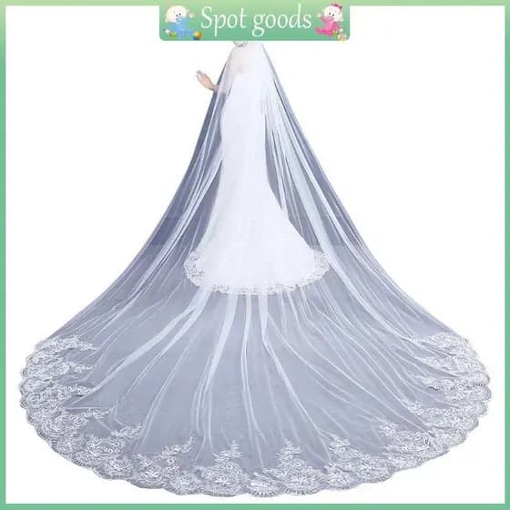 vivi Camada Única Feminino Arrastando Catedral Longo Véu Casamento Bordado Renda Floral