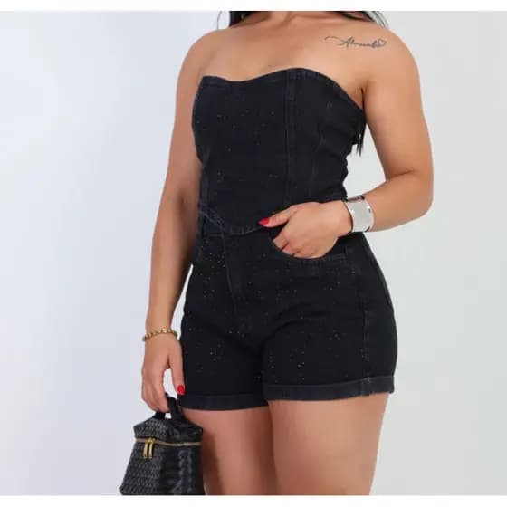 feminina jeans conjunto top com short brilho @001