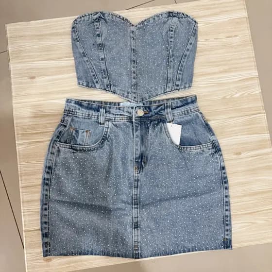 feminina conjunto jeans briliho top com saia3010/top saia 8340