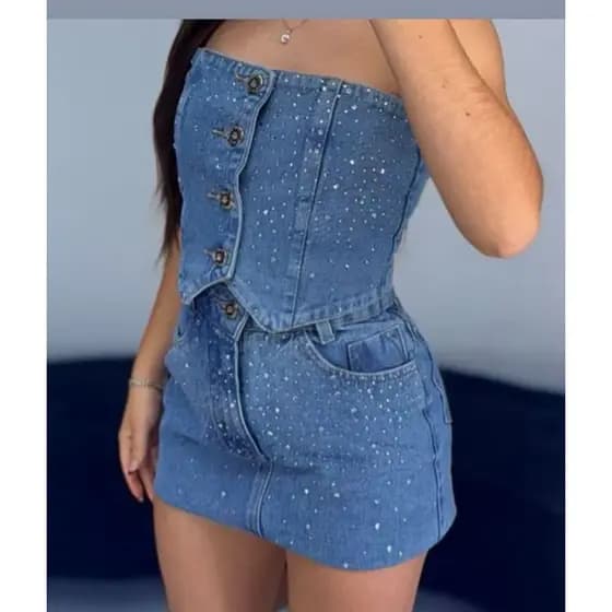 feminina jeans conjunto brilho top com short3003+3000top com saia
