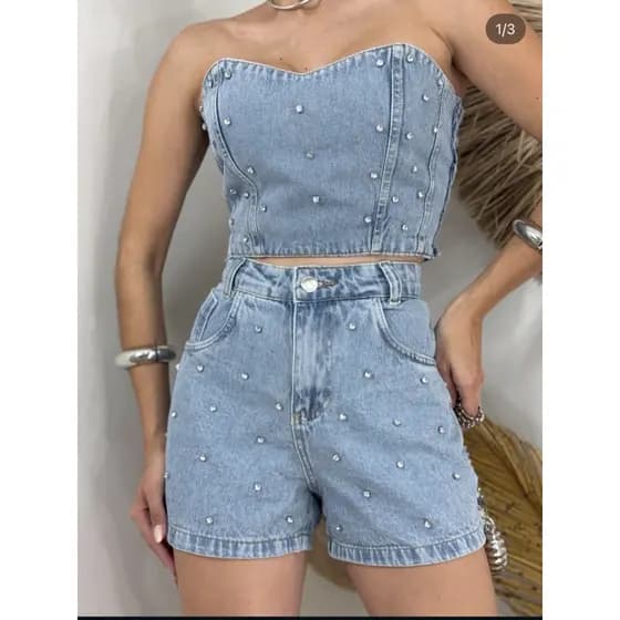 feminina conjunto jeans top com shoert brilho020