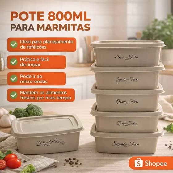 Kit Potes Marmita fit Organizadores Da Semana 800ml Microondas Freezer Marmitex