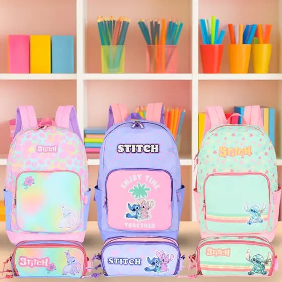 Kit Mochila de Costas Stitch + Estojo Escolar Feminino Juvenil – Rosa, Roxo ou Verde Pastel
