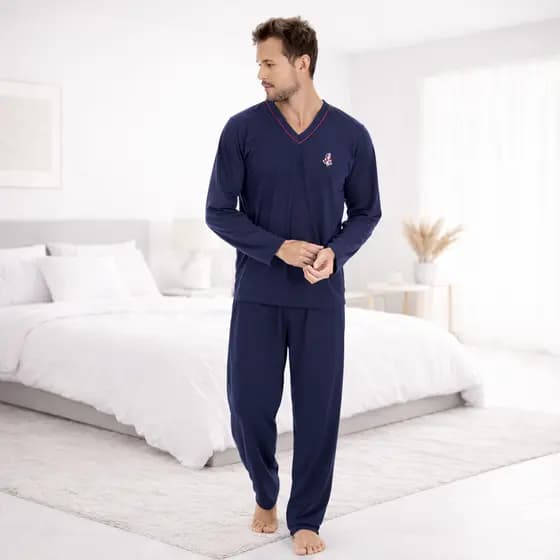 Pijama Masculino Adulto de Inverno Manga Longa Calça Comprida Homem em Malha Lisa