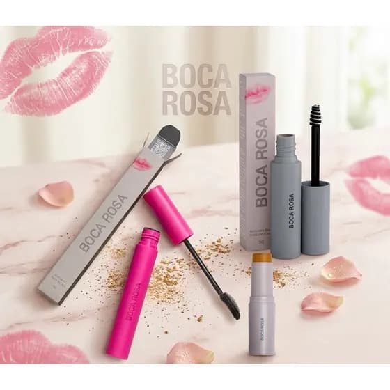 Kit Boca Rosa 4 Itens Base Stick Multifuncional Máscara de Cílios Sobrancelha Pó