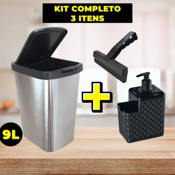 KIT Lixeira Rattan 9L com Tampa + Porta Detergente + Rodinho de pia Kit com 3 peças