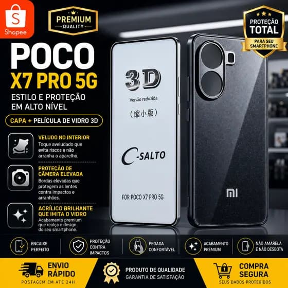 Capa Acrílico Brilhante Cinza Escuro + Película Vidro 3D POCO X7 Pro 5G - Proteção Câmera elevada