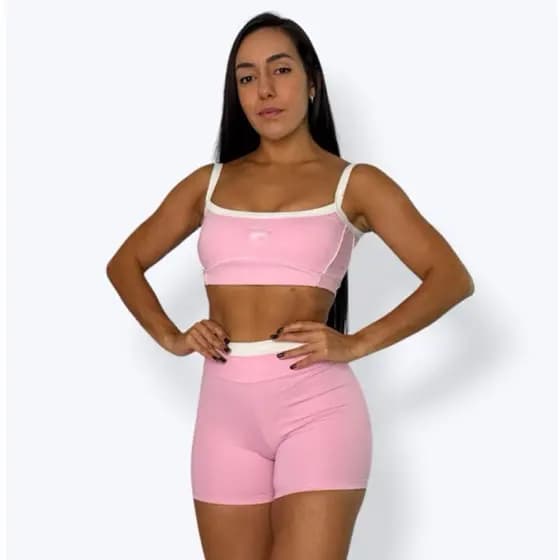 Conjunto top e short bicolor rosa bebê fitness academia zero transparência