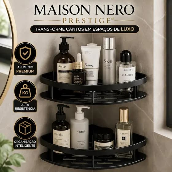 Prateleira de Canto Dupla Alumínio Organizador Multiuso Banheiro Cozinha Lavanderia Maison Nero Pres