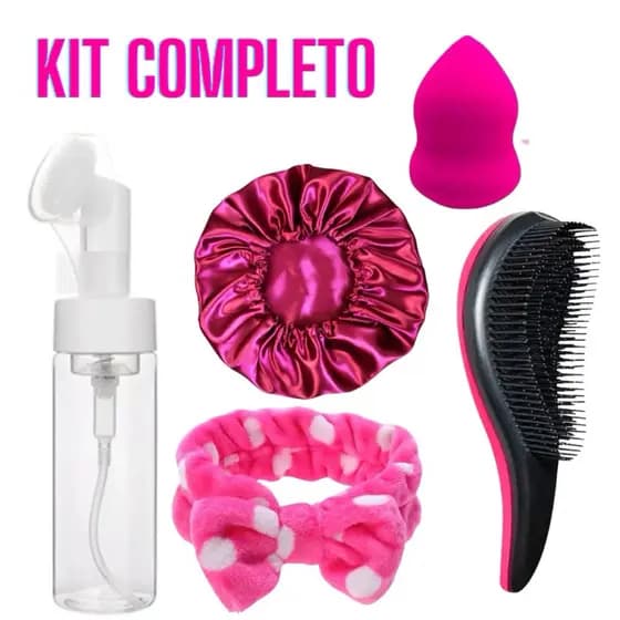 Kit Escova MAGICA + Frasco Pump Espumador 100ML + Touca de Cetim + Esponja de Maquiagem + Laço Faixa de Cabelo