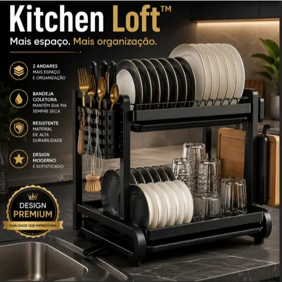 Escorredor de Louças 2 Andares Kitchen Loft™ Organizador de Pia Preto Fosco com Bandeja