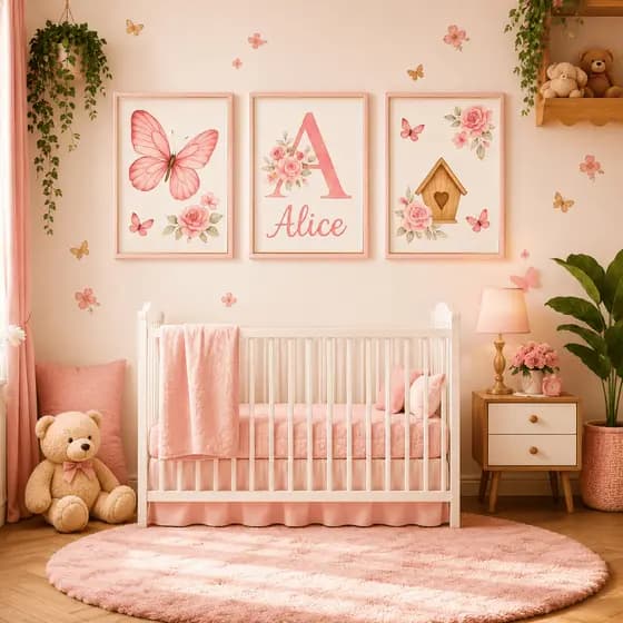 Quadro decorativo 3 peças Borboleta Nova Rosa Flores Personalizado com nome quarto infantil