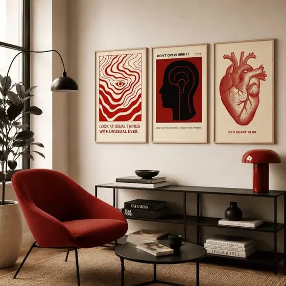 Quadro decorativo 3 peças Coraçao mente orgão abstrato pintura decoraçao casa quarto sala