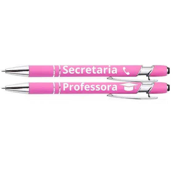 kit 2 Canetas Rosa Touch em Metal Personalizadas A Laser Nome Logo Marca Celular Sua Assinatura
