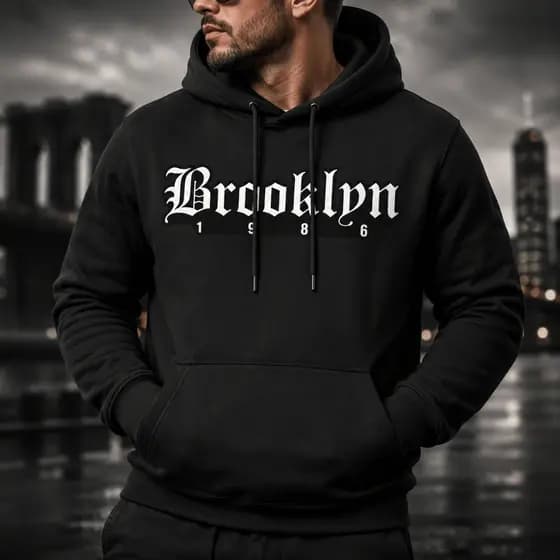 Moletom Brooklyn 1986 Canguru com Capuz Estampado Unissex Blusa de Frio Algodão Premium Streetwear Preto Inverno