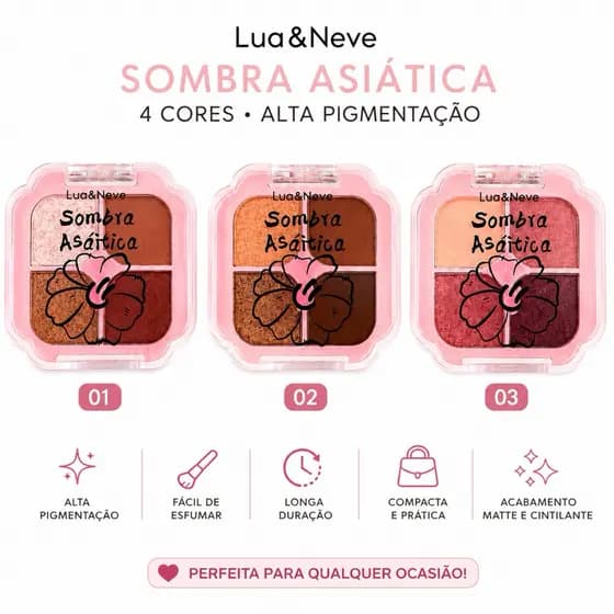 Paleta de Sombras Lua & Neve Sombra Asiática 4 Cores Matte e Cintilante Alta Pigmentação