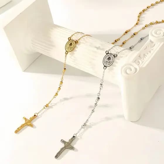 Terço Masculino Rosário Oração Crucifixo em Aço Inoxidável –Cruz Católica, Resistente e Antialérgico