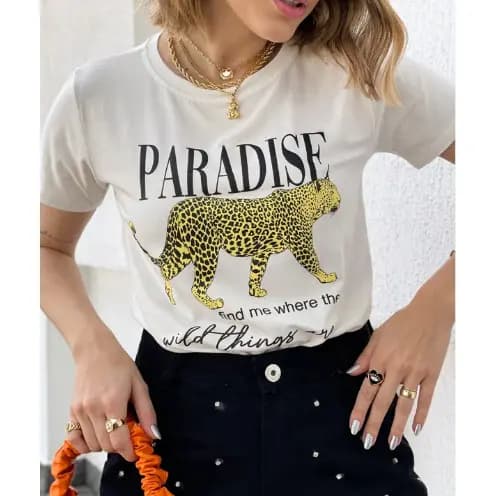 Camiseta T-shirt Feminina Estampa Onça Paradise Moda - Blusa 100% em Algodão - Envio Imediato - NB the Shirt