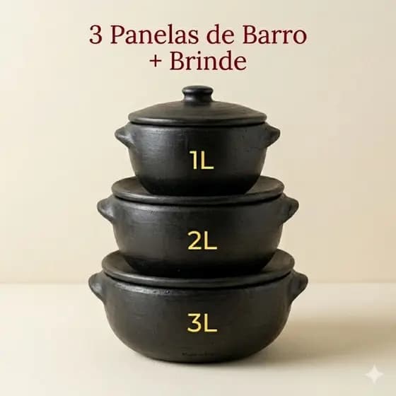Panela Barro Capixaba Preta- Conjunto C/ 3 peças-Moqueca-Arroz-Ensopados/Retém Calor/Fogo Gás/Fogão Lenha