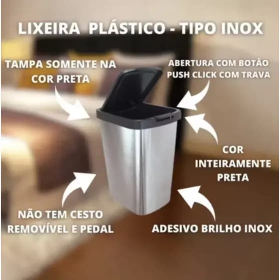 Lixeira Cesto Tipo Inox , Plástica Com Tampa Click Abre Fecha. Cozinha Banheiro | redonda 10l retangular 9llitros