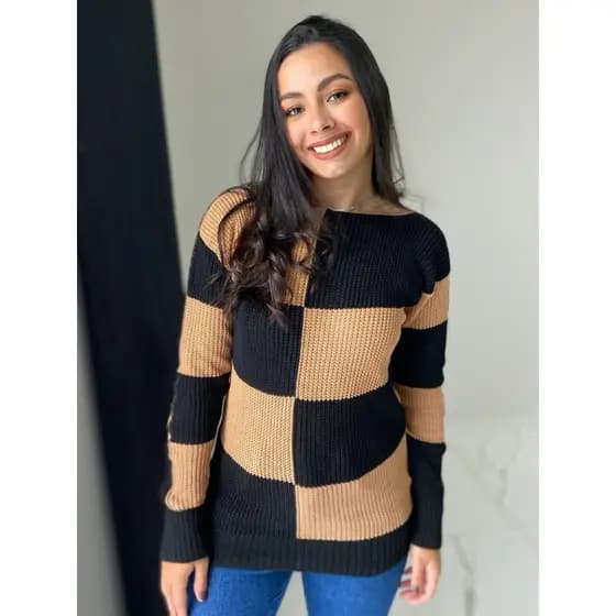 Blusa Alongada Quadriculada manga longa em Tricot xadrez suéter linha tricô moda blogueira inverno