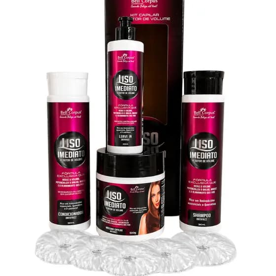 Kit 5 Liso Imediato Para Cabelos Com Volume Alto - Shampoo + Condicionador + Mascara + Lave In + 5 Toucas Cabelos Fracos