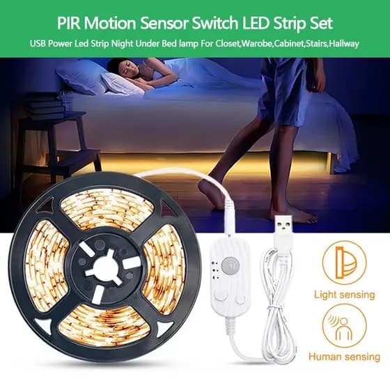 Fita LED Nocturna Flexível 5V 2835 60LEDs/m USB Sem Fio Sensor PIR Para Roupeiro De Quarto Barra Do