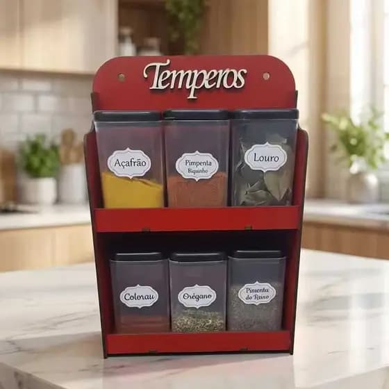 Porta Temperos 6 Potes Parede Mesa Mdf Vermelho Tempero Mantimentos Condimentos