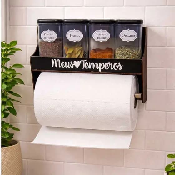Porta Temperos de Parede com Suporte de Papel Toalha Mdf Pintado em Preto 04 Condimentos Mantimentos