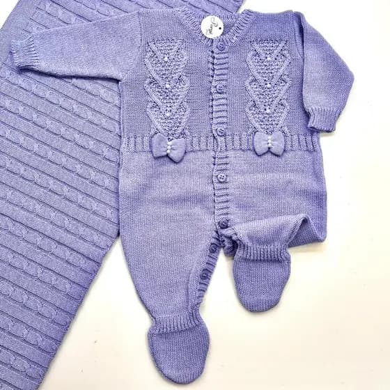 Saída Maternidade Menina Macacão Laço - Tricô - Roupa de Bebê Menina