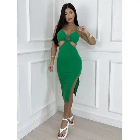 Vestido Feminino Midi Longo Fenda Lateral Canelado Bojo Argola Ribana