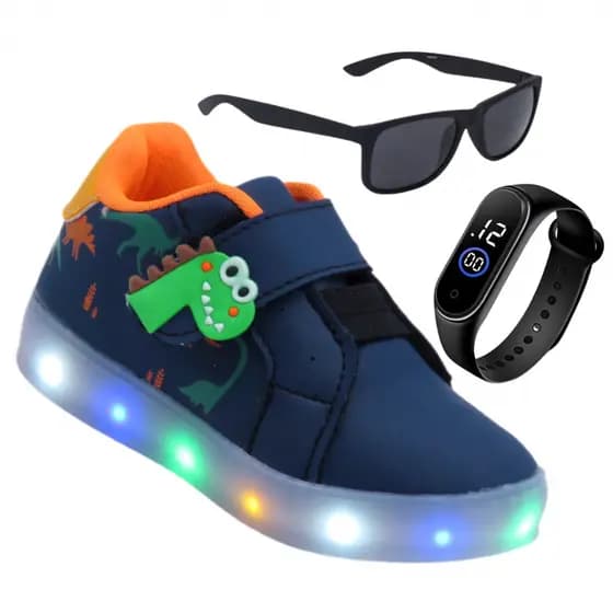 Kit Tênis Infantil Masculino De LED Dinossauro/Relogio Infantil|Oculos Infantil Lançamento Envio Imediato