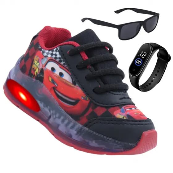 Tênis Infantil Masculino Os Carros Relâmpago McQueen Com Luz+Oculos Infantil+Relogio Infantil Digital Lançamento