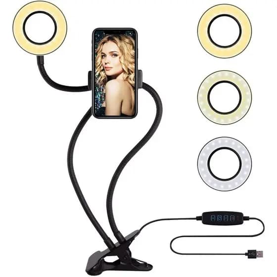 Ring Light com Suporte Articulado para Celular com Clipe e USB