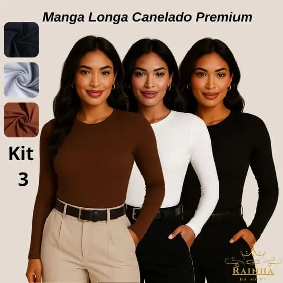 Kit 3 MANGA LONGA Blusa Feminina LISA Outono Inverno – Confortável Ribana Canelada Premium Macio