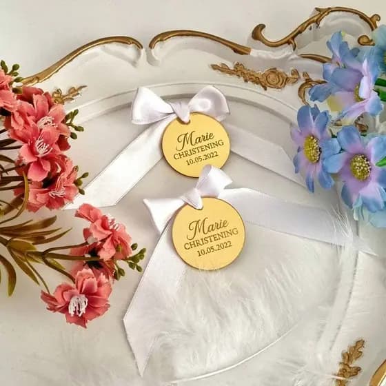 Kit Tag Lembrancinha Personalizada Acrílico Espelhado | Batizado Casamento Maternidade (Com Laço)