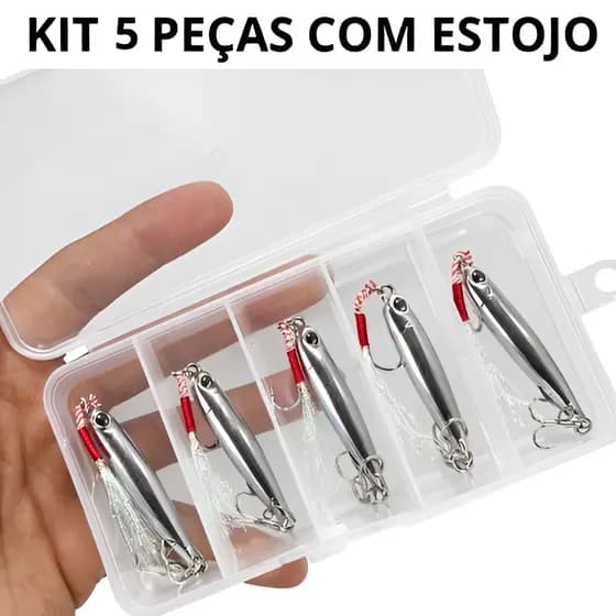 Kit 5 Iscas Jig Lento 10g Para Peixe Grande + Estojo Pesca de Praia, Rio e Embarcada