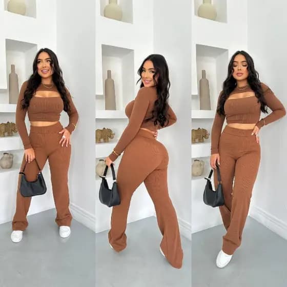 conjunto manga longa calça skinny cropped com abertura no busto