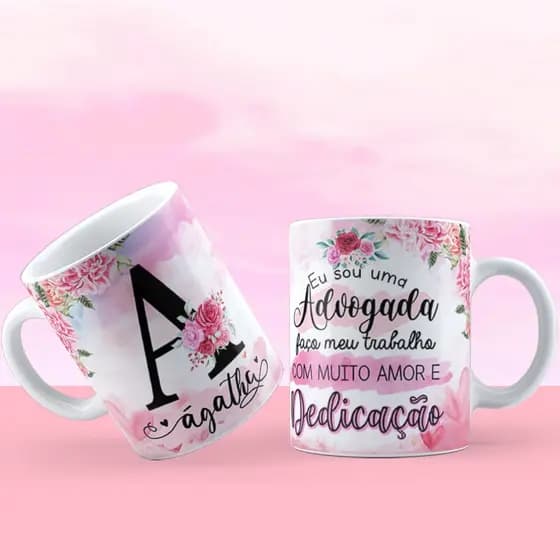 Caneca Porcelana Personalizada Alfabeto Floral Profissões + Caixinha de Presente