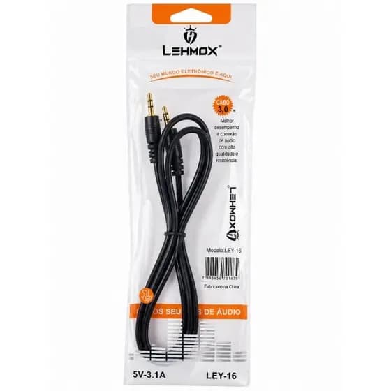 Cabo Auxiliar P2 x P2 3 Metros LEHMOX Áudio Stereo para Carro e Caixa de Som