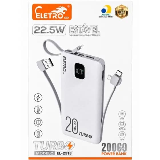 Power Bank 20000mAh Turbo 22.5W Carregamento Rápido USB-C Display Digital