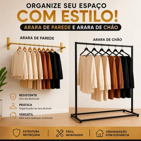 Kit Expositor De Roupas Arara De Chão E+ Arara De Parede Reforçada