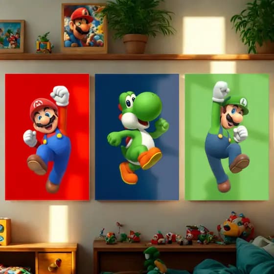 Quadros Decorativos Super Mario Luigi Yoshi Kit 3 Peças Infantil Quarto