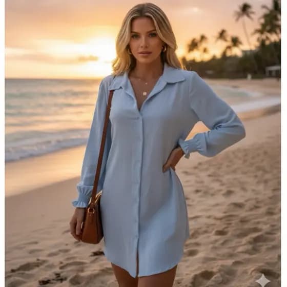 Chemise Feminino Camisão Vestido Dunas com Botões Manga Longa Elegante Saida de Praia